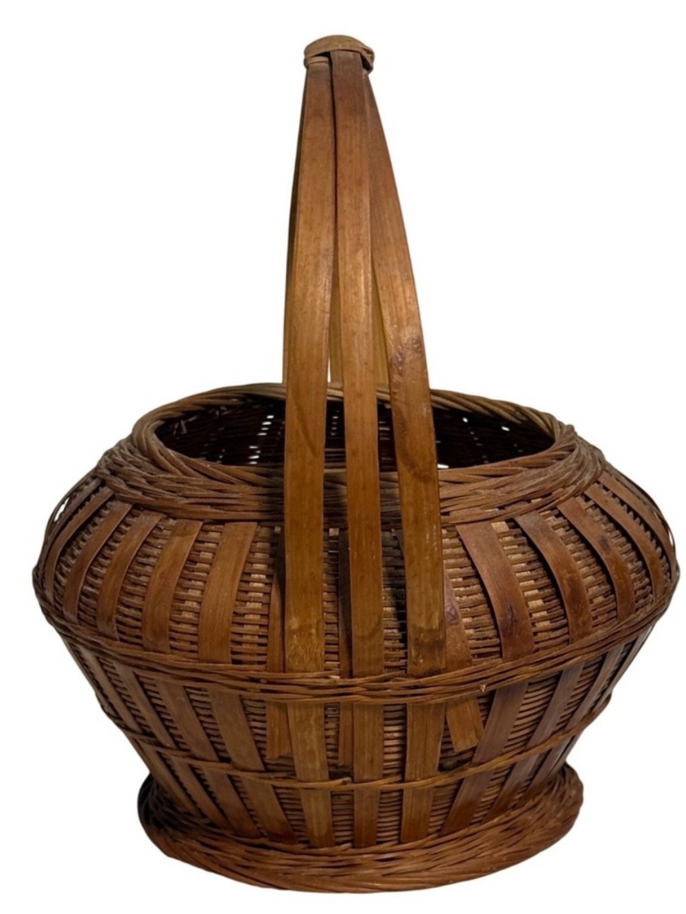 Vintage Small Brown Woven Basket with Handle Round Bulbous Rustic Farmhouse 90s